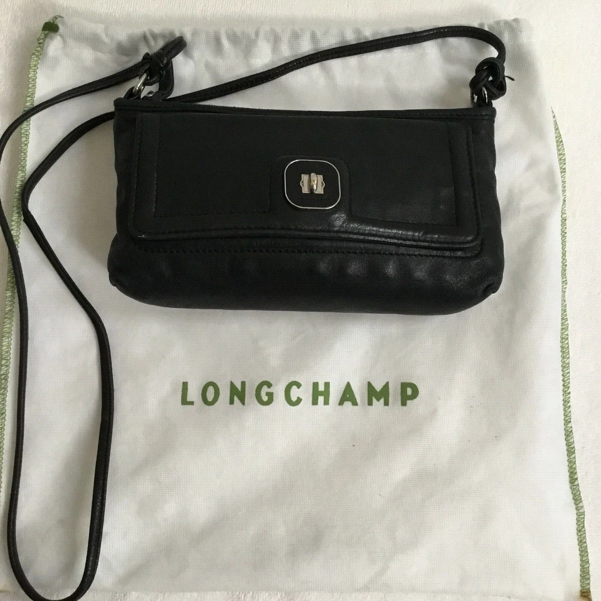 Longchamp Soft Black Leather Shoulder Bag With Front Pocket and Dust Bag