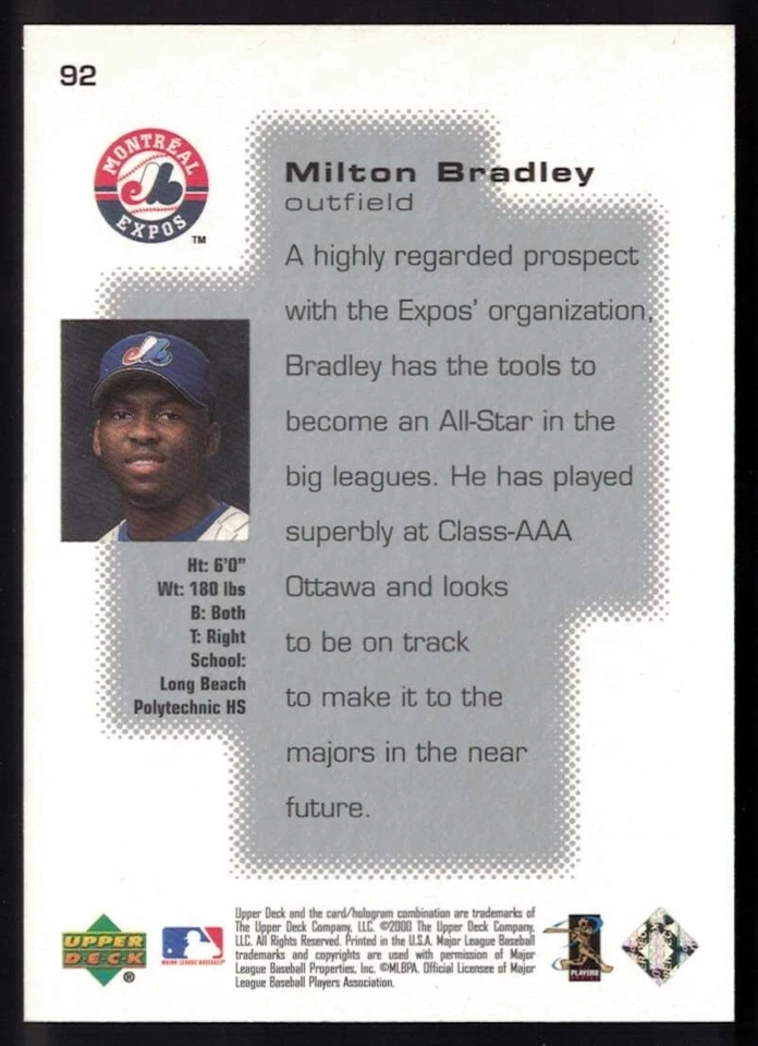 2000 Upper Deck Pros & Prospects #92 Prospective Superstars Milton Bradley /1350 - Image 2 of 2