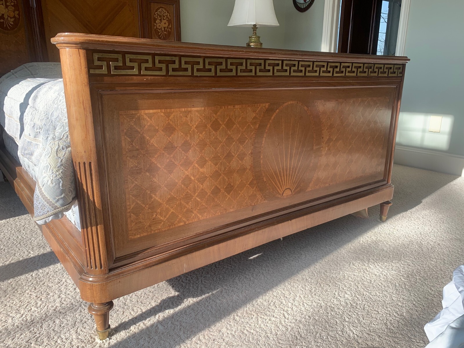 French Antique Inlayed Queen Size Bed Headboard Footboard and Rails