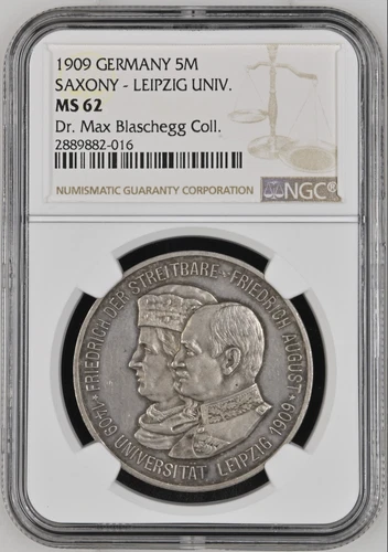 Blaschegg Collection! Germany Saxony 5 Mark 1909 NGC MS62 500th An of Leipzig Un