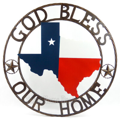24'' Metal God Bless Our Home Texas Flag Map Outline Plaque Sign with Rings 