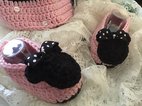 Pink& Black Mickey Mouse Handmade Crochet Hat & Booties, Size 6-12 Month - Picture 5 of 7