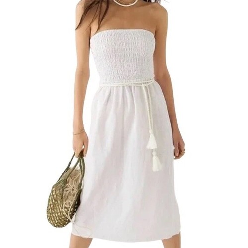 J Crew white smocked strapless linen midi dress XS vacation beach minimalist