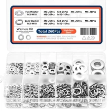 260Pcs Lock and Flat Washer Assortment Kit Stainless Steel M3 M4 M5 M6 M8 M10 Sp
