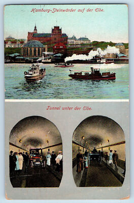 Hamburg Germany Postcard Tunnel Steinwarder Elbe Multiview 1912 Posted