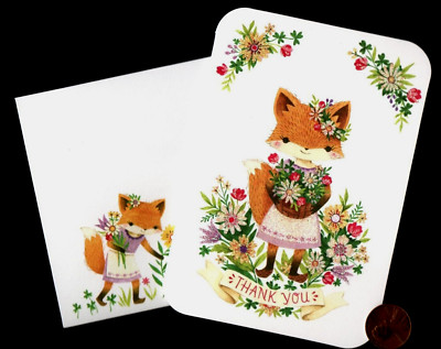 HTF Papyrus THANK YOU Fox Basket Flowers - GLITTERED Small Note Card W/ TRACKING
