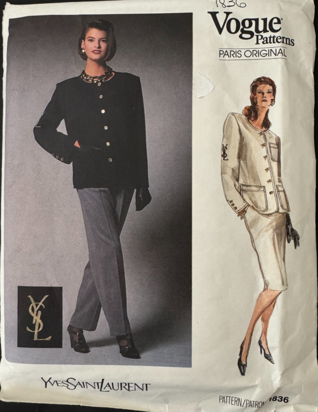 1836 Vogue YVES SAINT LAURENT Parigi orig giacca gonna pantaloni trasferimento taglia 16