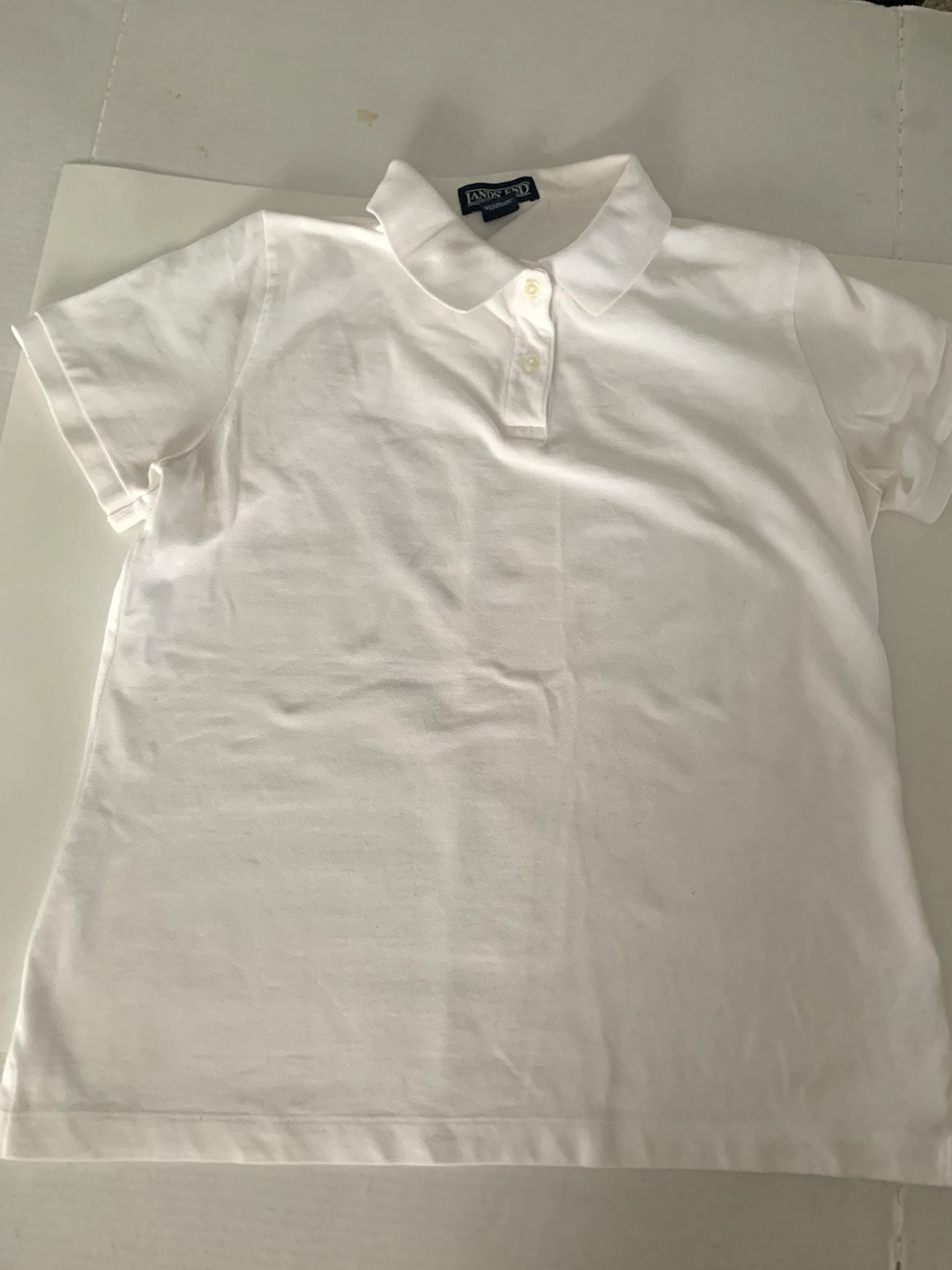 Lands End Womens M 10-12 White Cotton Short Sleeve Polo Knit Shirt