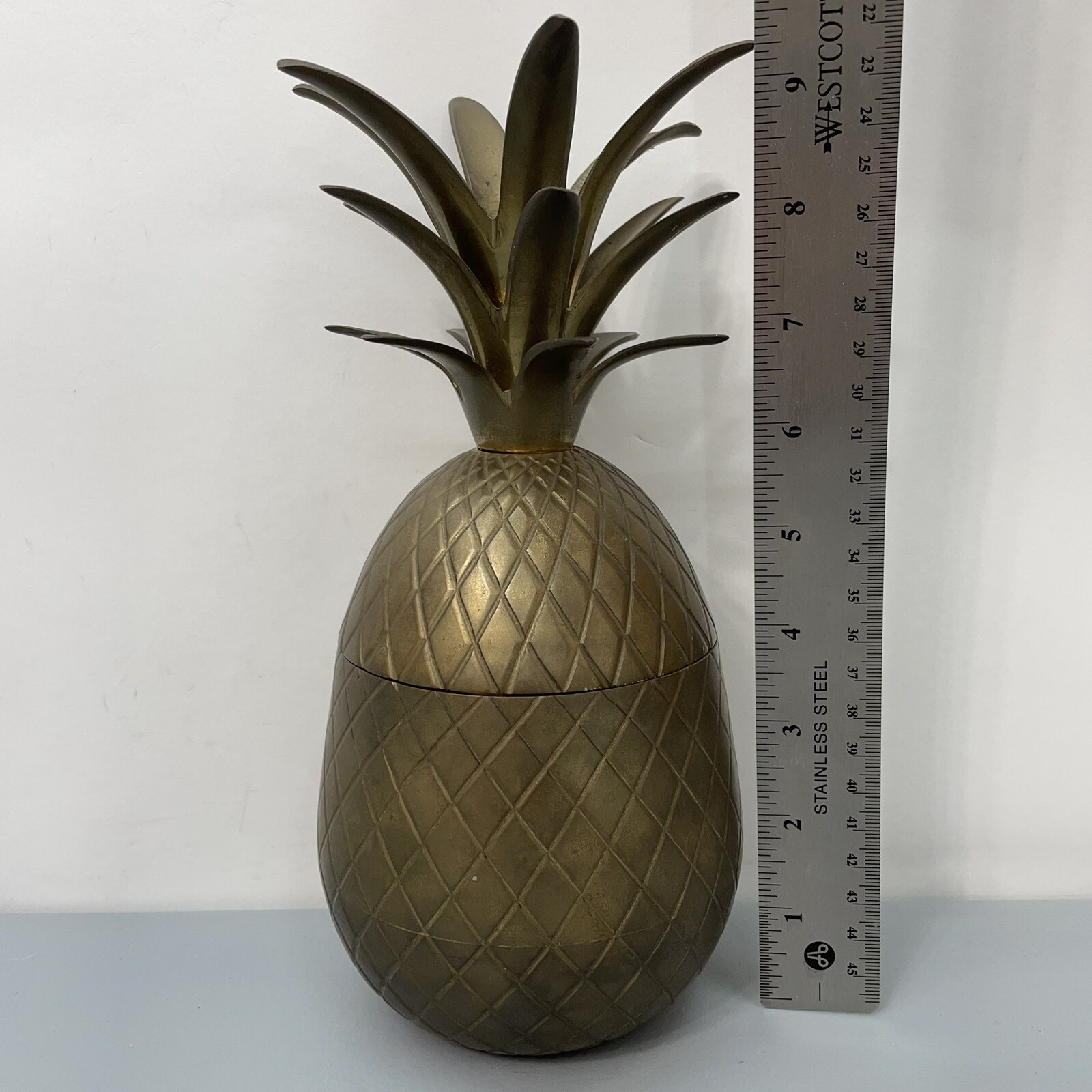 MCM Heavy Brass Pineapple Candle Holder Container Trinket Jar Home Decor 9 inch