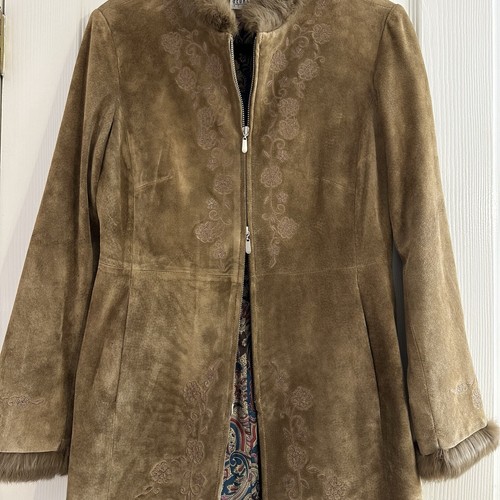 VTG Georgiou Studio Brown Suede Embroidered Flowers Fur Trim Double Zip Sz6 Smal - Picture 4 of 12