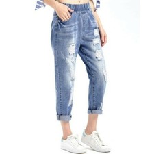 Femmes Déchiré Jeans Bootcut Court Pantalon Taille Élastique Grande