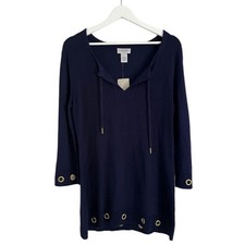 NWT Carmen Marc Valvo Women’s Split Neck 3/4 Sleeve Gold Rings Top Blue Small