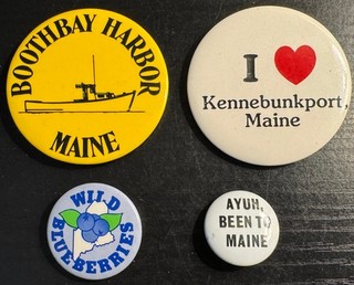 Vintage Maine Souvenir Pinback Buttons Boothbay Harbor Kennebunkport Lot of 4