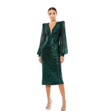 Mac Duggal Emerald After-Dark Sequin Power Shoulder Midi Dress Size 4