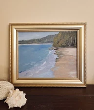 Small Original  Framed Oil Painting Landscape Peaceful Beach