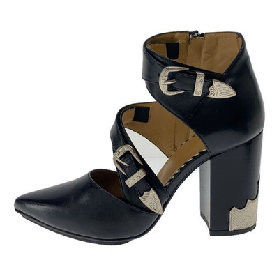 TOGA PULLA Women's Black Pointed Toe Western Style Buckle Block Heels