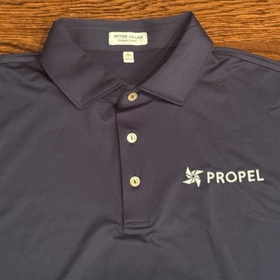 Peter Millar summer comfort navy blue performance polo with crown logo, Size XL