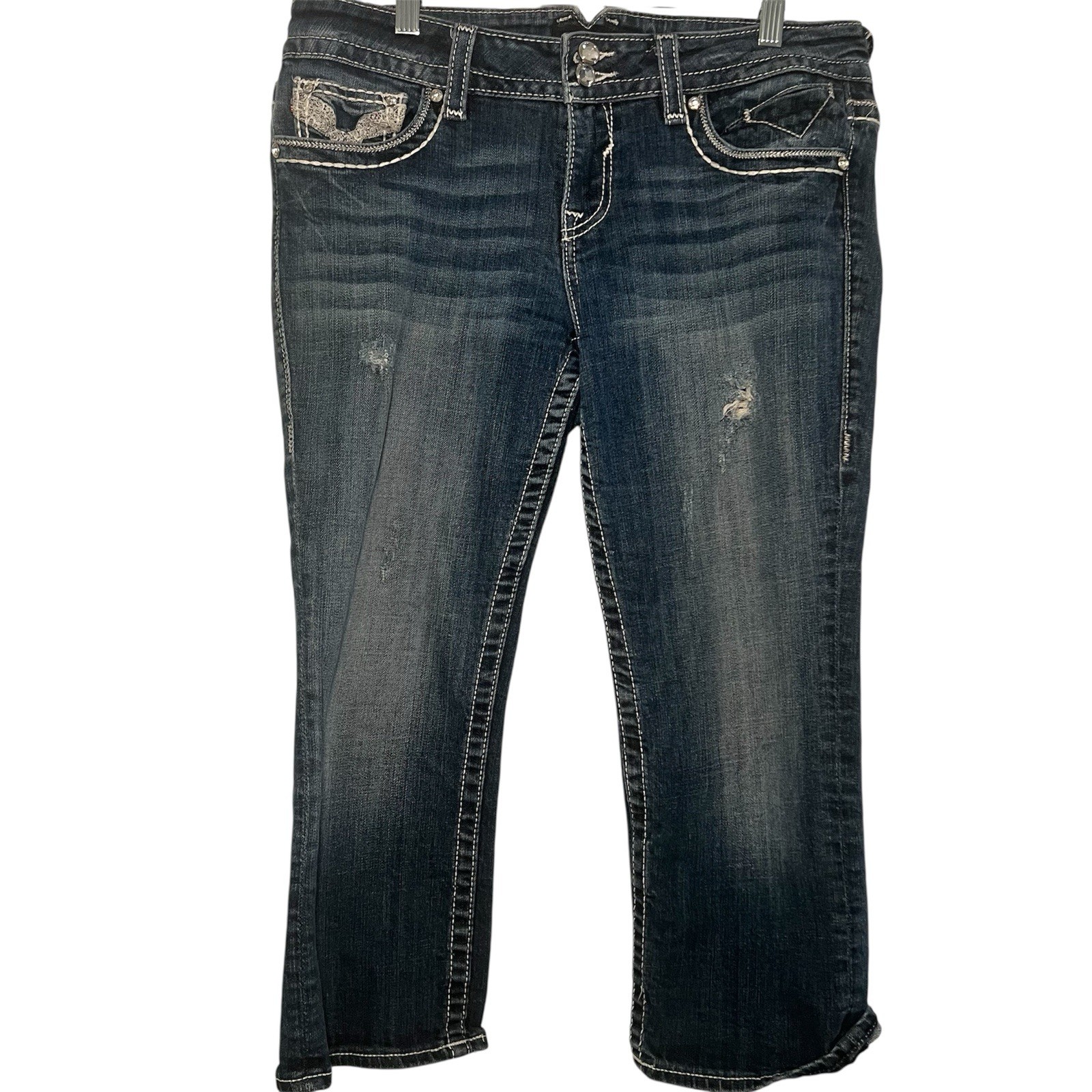 VIGOSS Jeans Womens 9 10 Chelsea Capri Blue Medium Wash Distressed Rhinestone