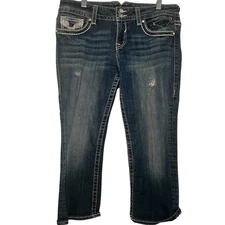 VIGOSS Jeans Womens 9 10 Chelsea Capri Blue Medium Wash Distressed Rhinestone