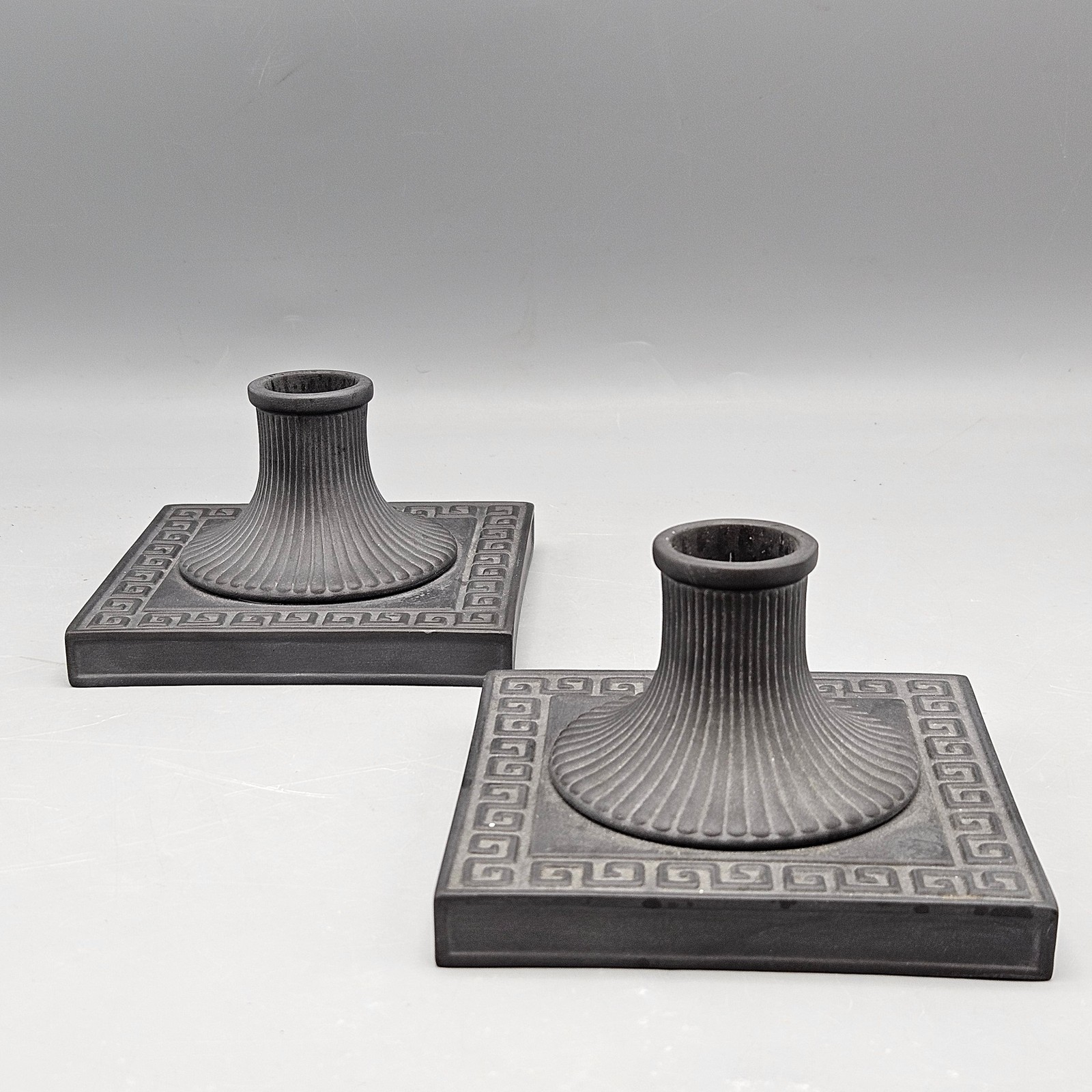 Pair of Wedgwood Black Basalt Squat Greek Key Candlesticks