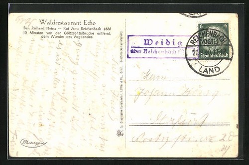 Ansichtskarte mit Landpoststempel Weidig über Reichenbach 1940