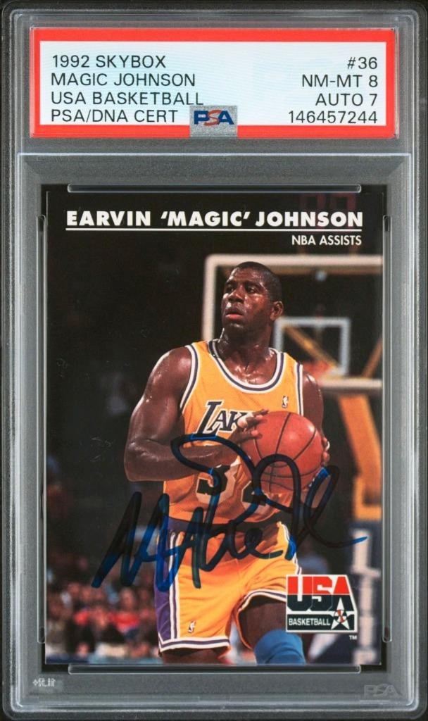 1992 SkyBox USA Dream Team Magic Johnson #36 Auto - PSA / DNA - NM-MT 8, Auto 7