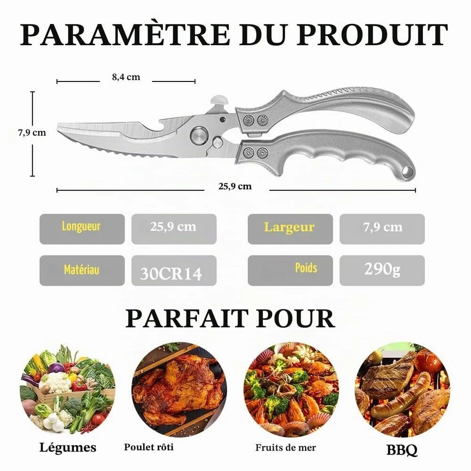 Ciseaux de Cuisine Polyvalents en Acier Inoxydable Professionnels - Photo 2/4