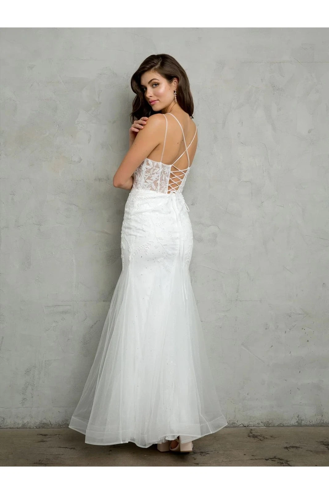 OFF WHITE Abito da ballo formale Eva USA 5257 lungo aderente con perline e paillettes