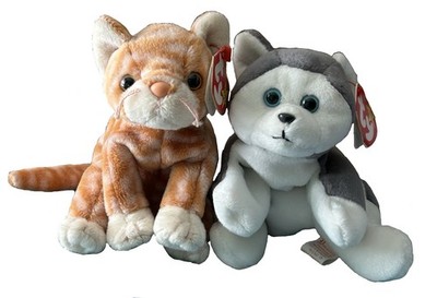 Ty Amber Tabby Cat & Nanook Dog Beanie Babies 1996- 1999 Retired *Sold Together*