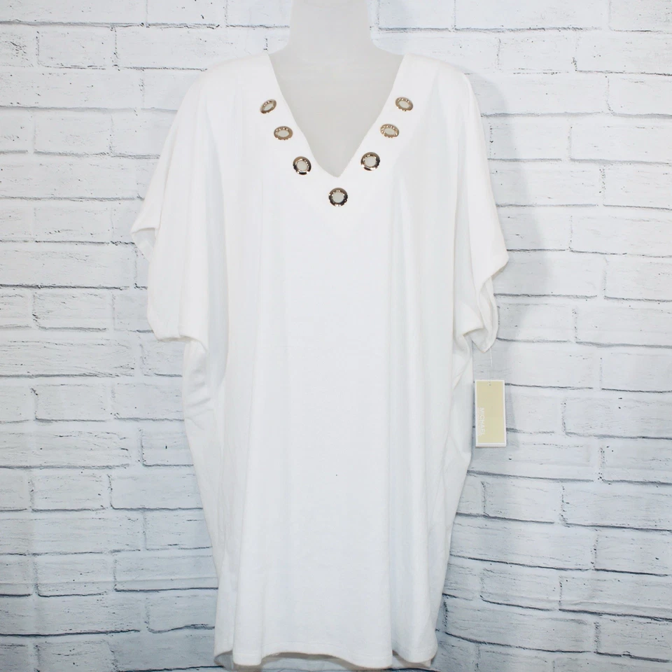 Michael Kors Mujer Terry Tela Ojal Túnica Natación Encubrimiento Blanco Talla XS/S $98 Foto 2 de 4