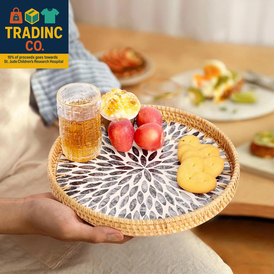 Round Rattan Tray with Mother of Pearl Inlay, Rattan Serving Tray for Coffee, Br - Image 4 of 4
