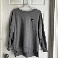 Victoria's Secret PINK Grey Dog Sweatshirt Rainbow Stripe Sleeve Logo M y2k