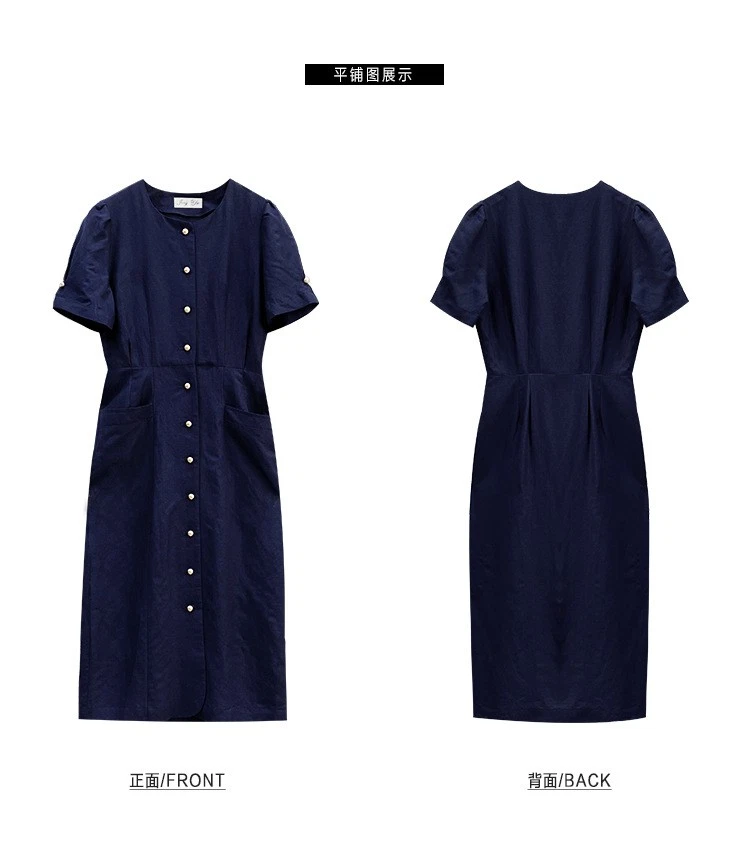 OFF WHITE Abito donna stile francese retrò bottoni manica corta cotone lino medio lungo tubino