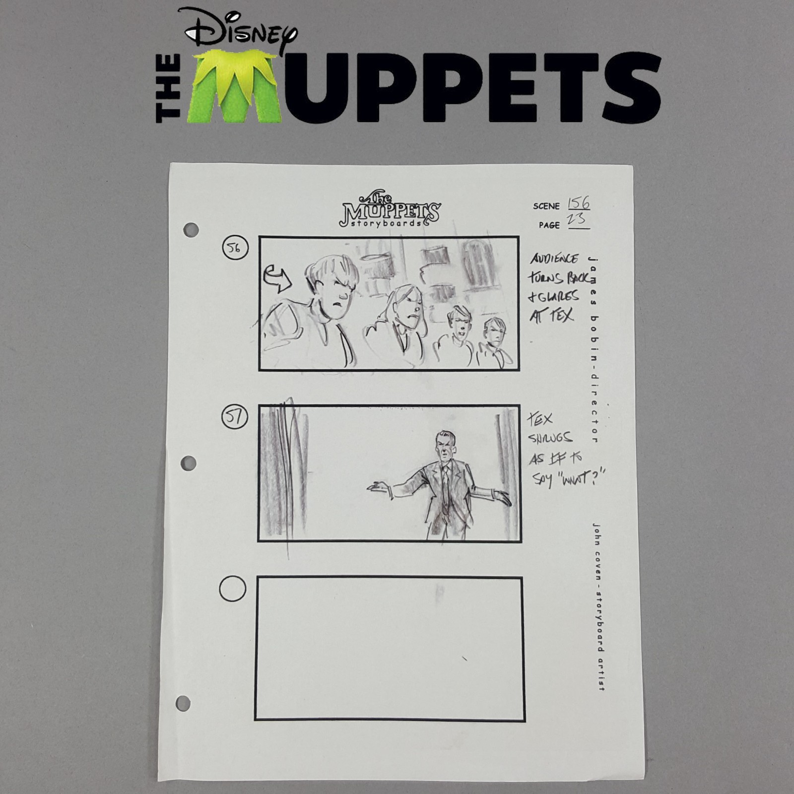 The Muppets (2011) - Production Used Storyboard, Audience Glares at Tex, COA