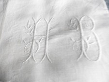 ANCIEN DRAP LIN BLANC"HB"COUTURE CENTRALE OURLETS MAIN 200X290"1900"