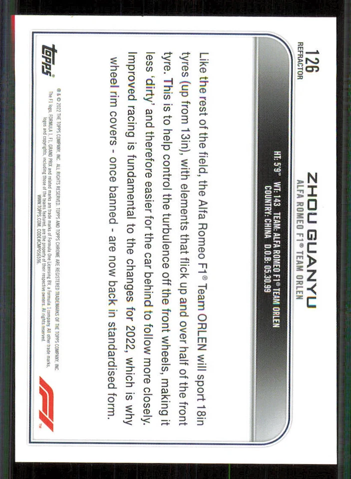 2022 Topps Chrome Formula 1 Refractors #126 Zhou Guanyu CAR - Image 2 of 2
