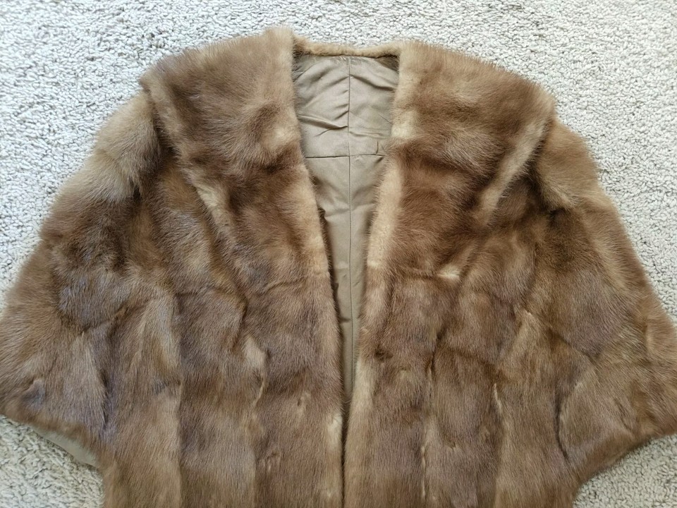GENUINE NATURAL PASTEL BROWN MINK REAL FUR STOLE COAT WOMEN'S WRAP FULL