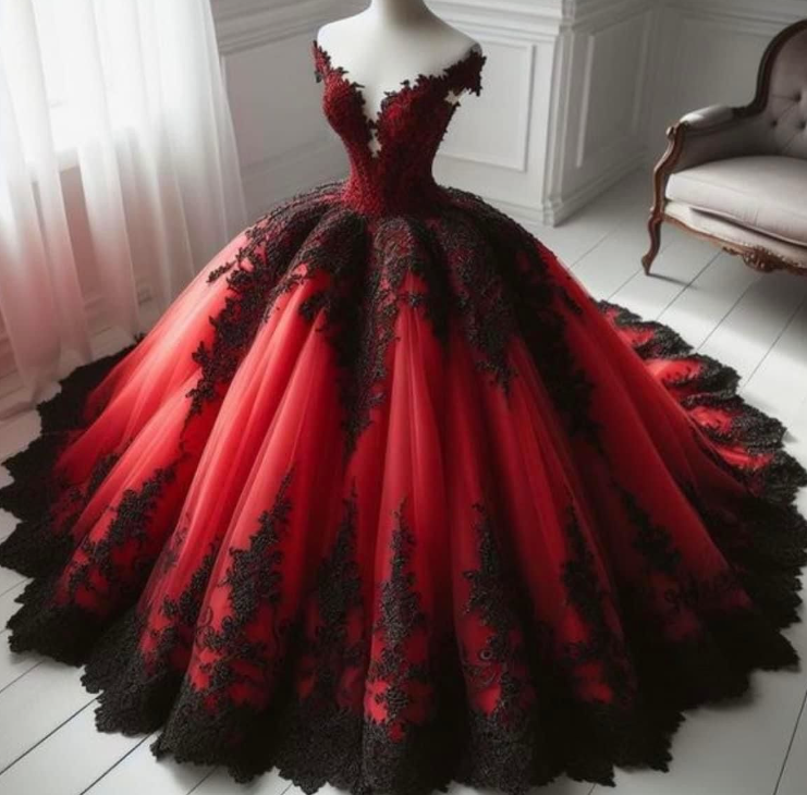 Gothic Red and Black Wedding Dresses Off the Shoulder Tulle A-Line Bridal Gowns Gothic Red and Black Wedding Dresses Off the Shoulder Tulle A-Line Bridal Gowns