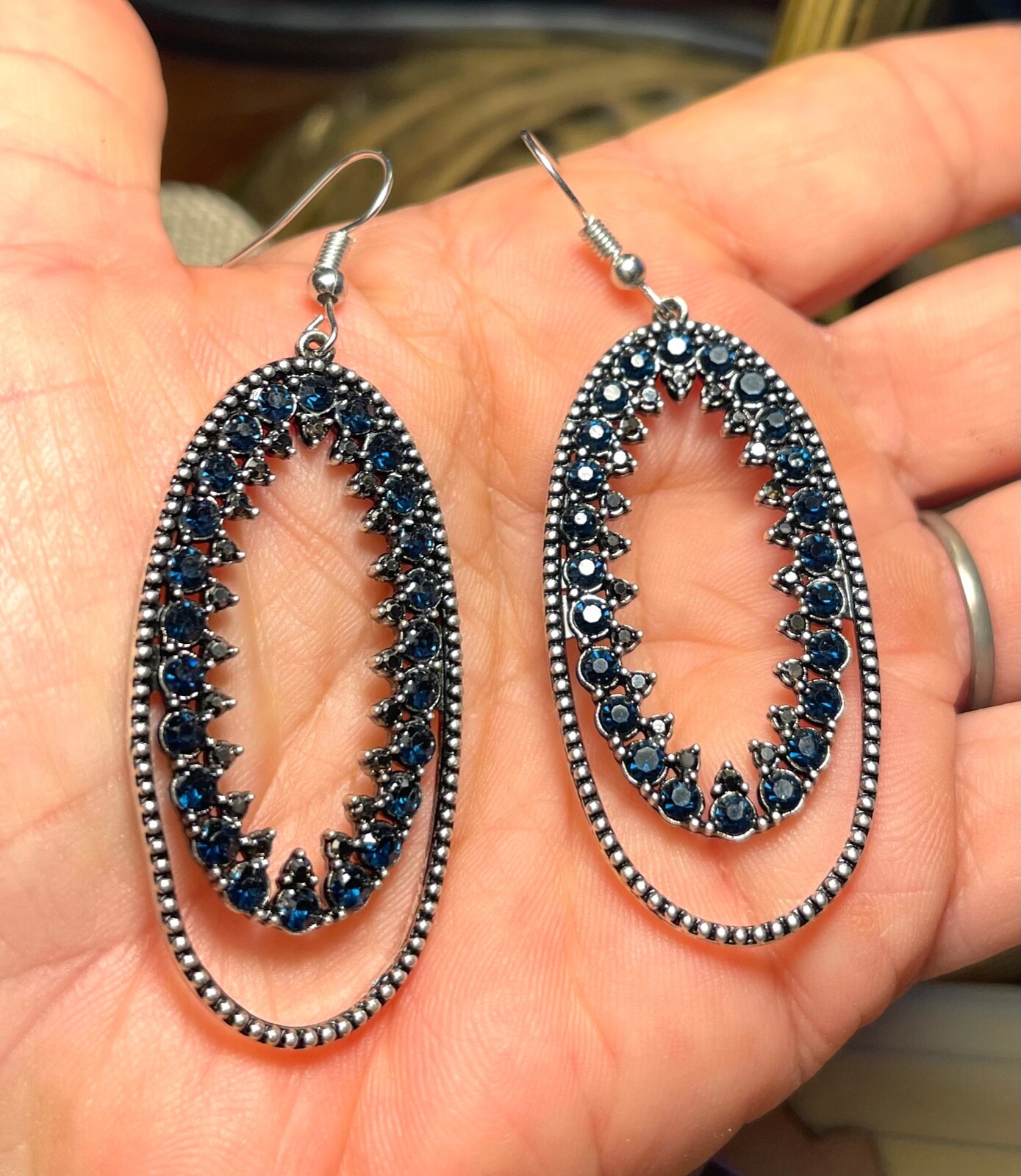 Lovely Statement Oval Dangle Dark Blue Rhinestone… - image 2