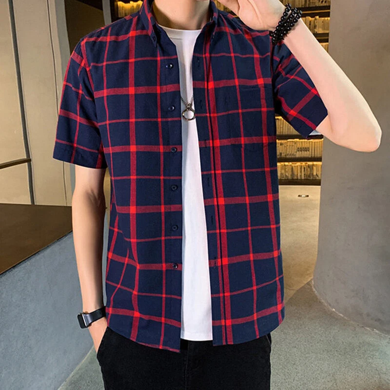 Men Casual Collared Plaid Button Down Blouse Top Summer Check Short Sleeve Shirt