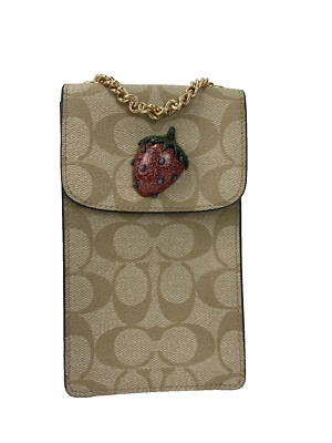 Coach Strawberry Motif  Phone Crossbody Signature  Bag Khaki  Chain F73486 W35