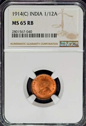 India British 1914(C) 1/12 Anna NGC MS65 RB Certified (1 Graded Higher)