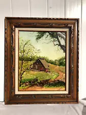 Original OIL PAINTING old CABIN in the country dirt path Carved WOOD Frame signd