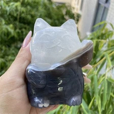 1.2LB 3.5" Natural Grey Agate Money Cat Quartz Crystal Figurine Carved Healing