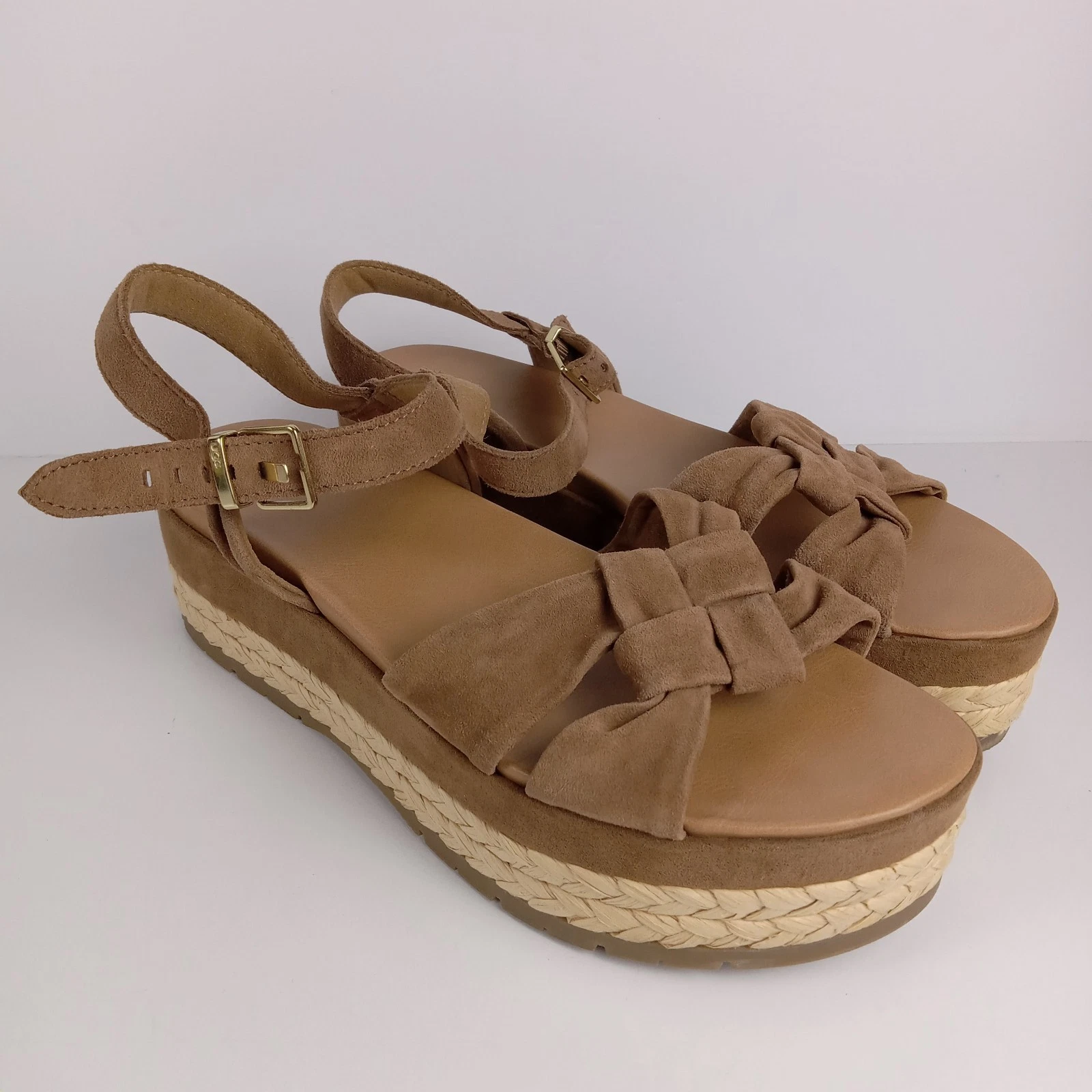 Sandali UGG donna 10 Neusch pelle marrone scamosciata plateau punta aperta cinturino alla caviglia