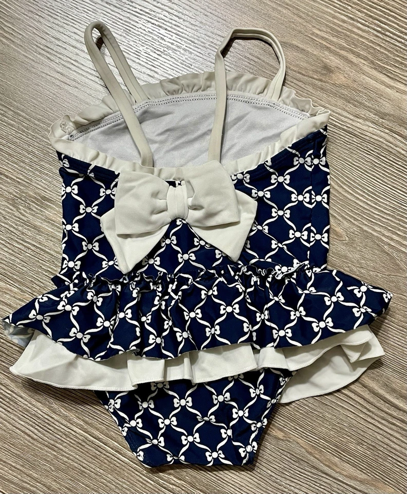 Traje de baño Janie & Jack bebé niña de una pieza con volantes 6-12M, acento de lazo blanco marino Foto 2 de 4