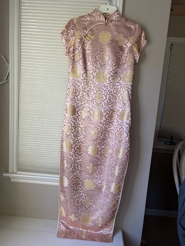 Pink Gold Satin Cheong-sam Dress for Women Traditional Short Sleeve Qipao