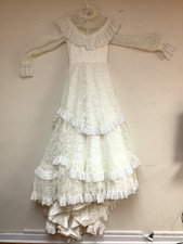 VTG 70s Victorian Revival Wedding Dress Lace Tiered Prairie Gunne Sax Style XS
