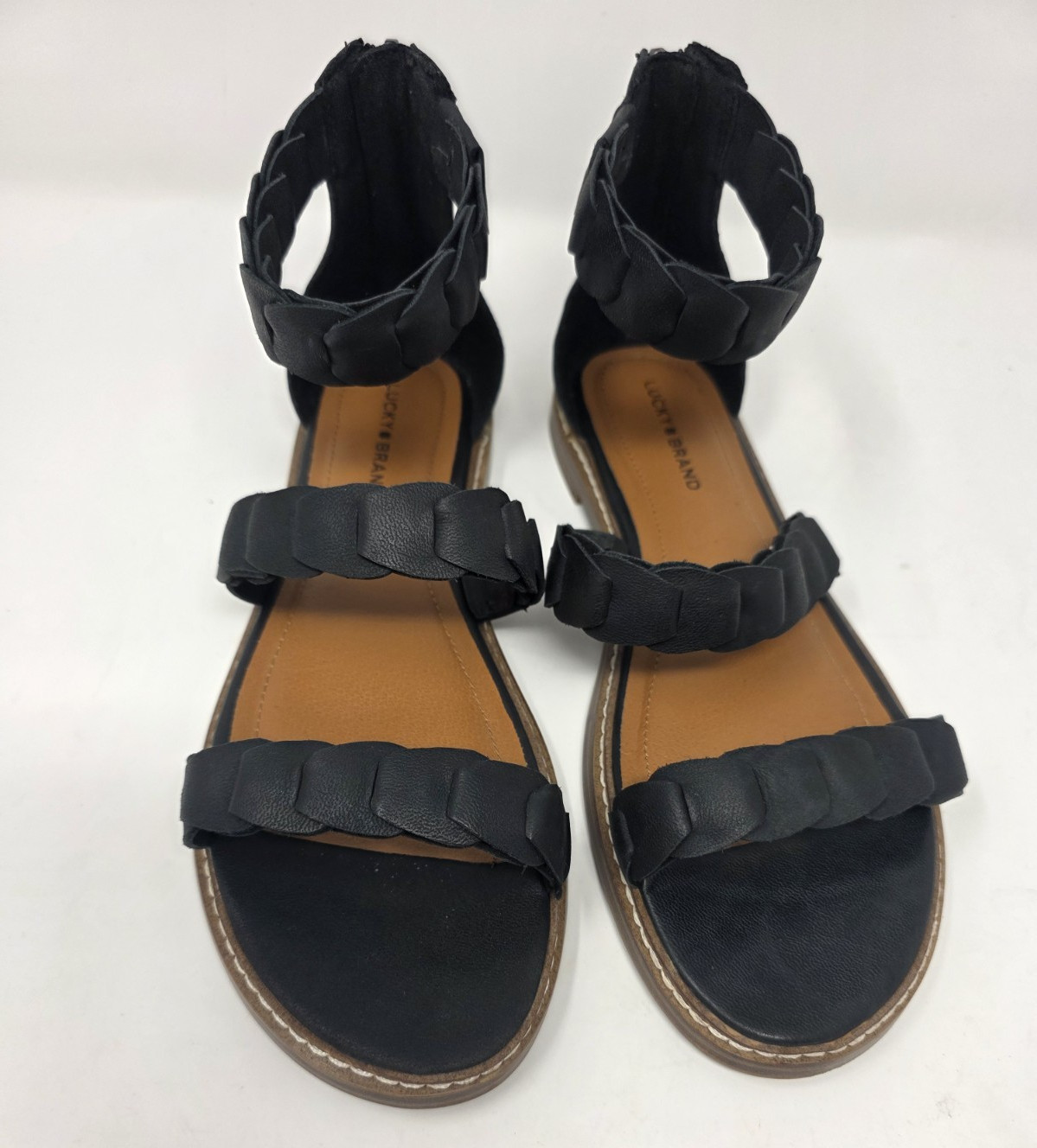 Lucky Brand Women’s Black Leather Braided Strappy Ankle Strap Sandals US 8.5
