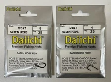 2 PACKS  DAIICHI 2571 SALMON HOOKS, SIZE #8. BOSS STEELHEAD, GLO-BUGS FLY TYING